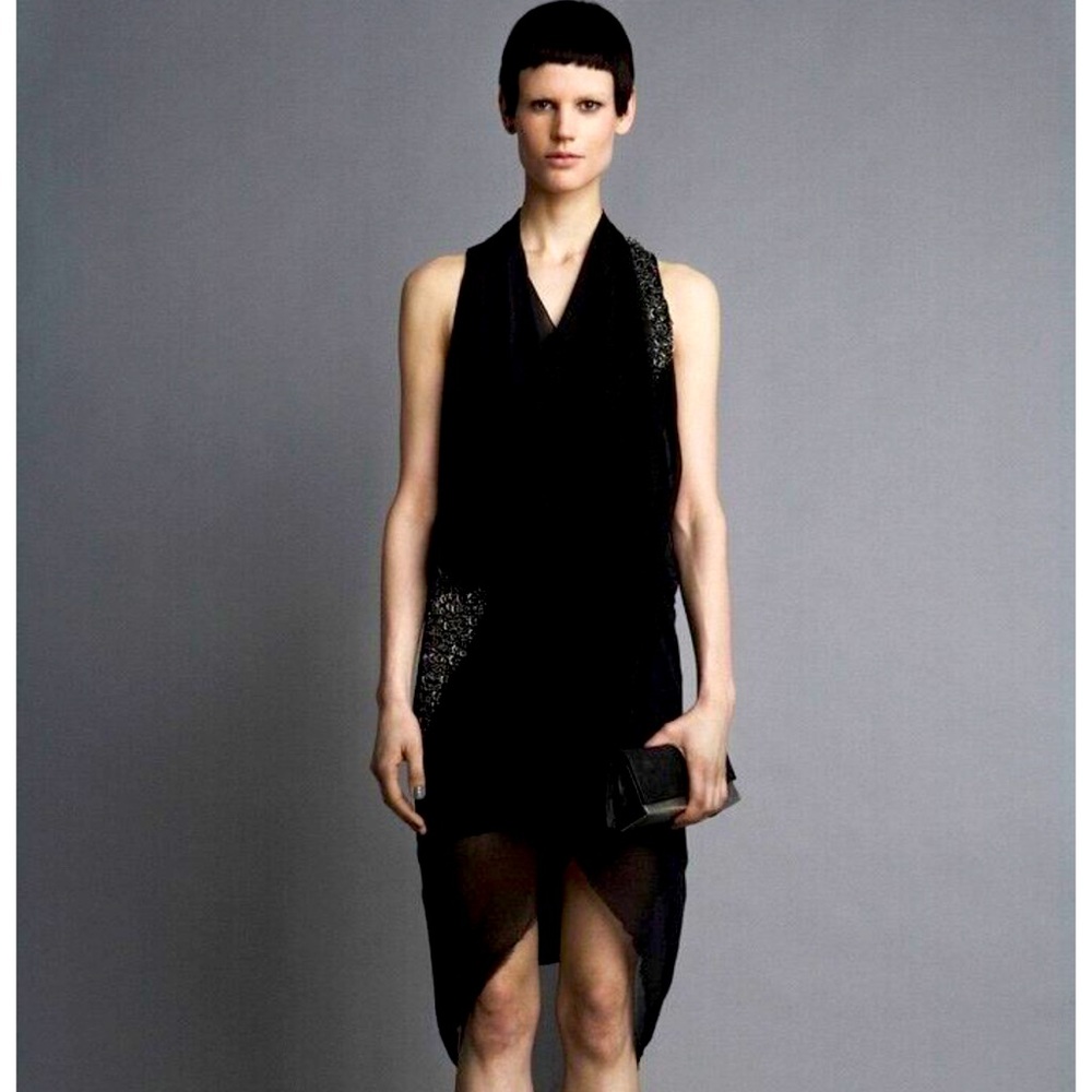 Helmut Lang Size 4
Ellipse Embroidery Wrap Draped Lined Dress in Black